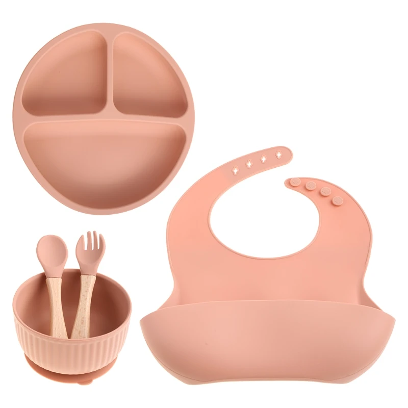 

5PCS/Set Baby Feeding Tableware BPA Free Food Grade Silicone Bowl Bib Placemat Fork Spoon Feeding Set Baby Supplies for Kids