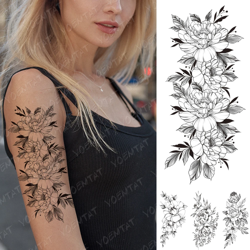 

Waterproof Temporary Tattoo Stickers Peony Rose Flower Flash Tattoos Female Minimalist Line Body Art Arm Thigh Fake Tatto Male