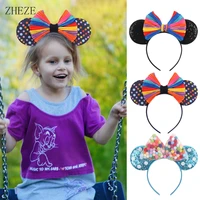 2022 new rainbow 5 bow festival headband mouse ears hairband for girls children party diy hair accessories cartoon gift