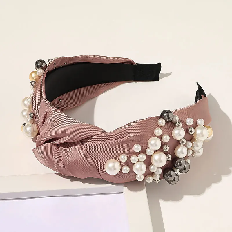 

Hot Pleated Head Hoop 2020 Artificial Pearls Handmade Wide Brimmed Satin Hair Hoop Hair Accessories Cross Knot Pearl Headband