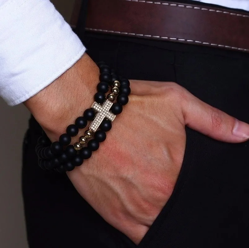 Бисер мужской Браслет Крест Браслеты с подвесками черный камень из бисера