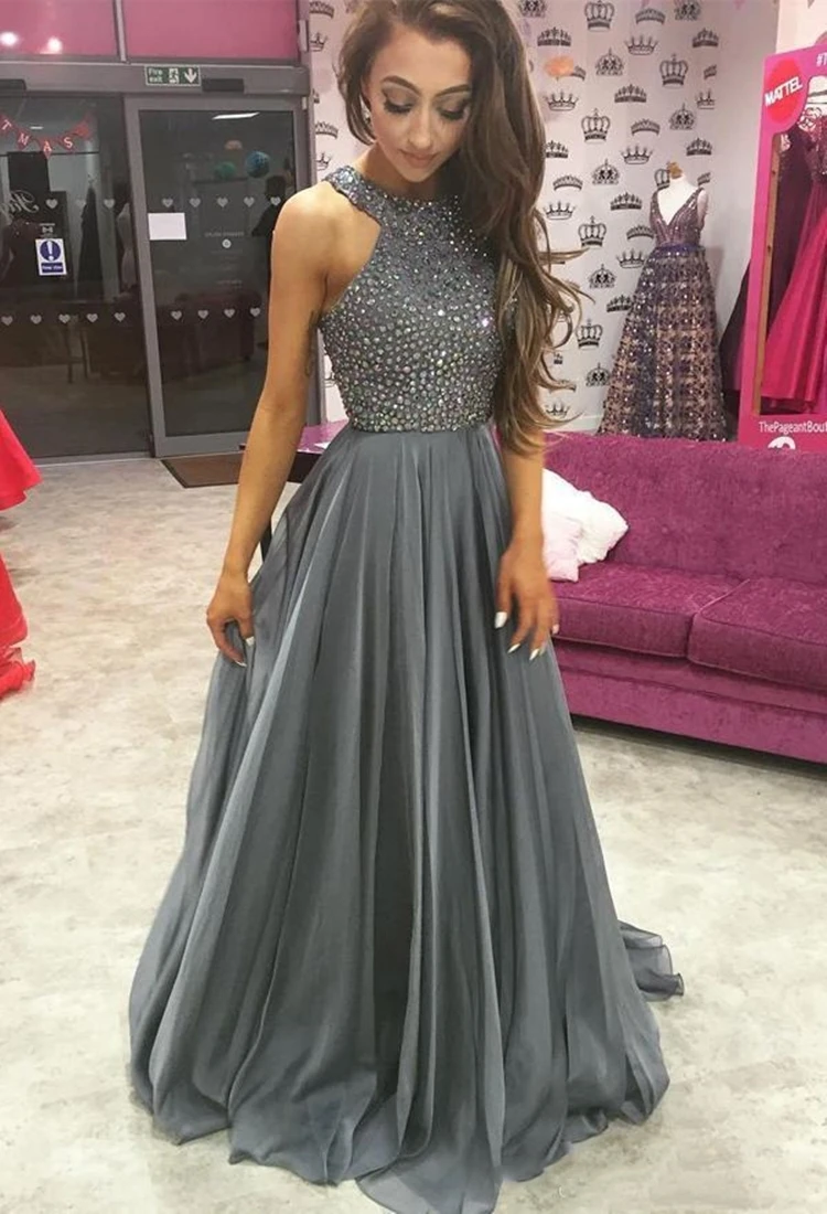

Beautiful Grey A Line Chiffon 2020 Prom Dress Rhinestone Long Sexy Backless Formal Evening Gowns Jewel Elegant Vestidos De