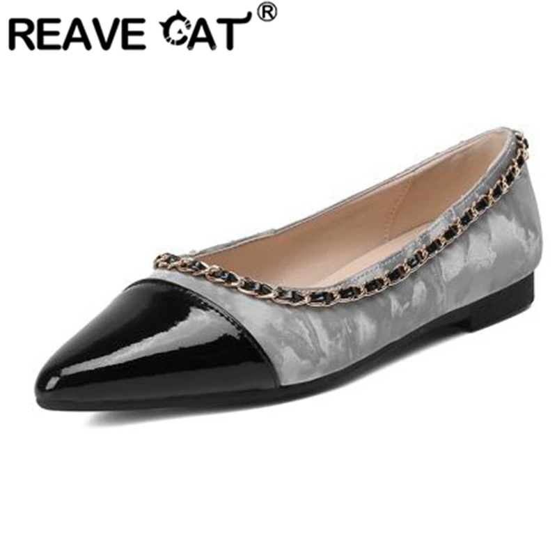 

REAVE CAT Woman Pumps Pointed Toe Flats Cow Leather Slip-on Metal Decoration Size 34-40 Splice Black Silver Spring Concise S2998