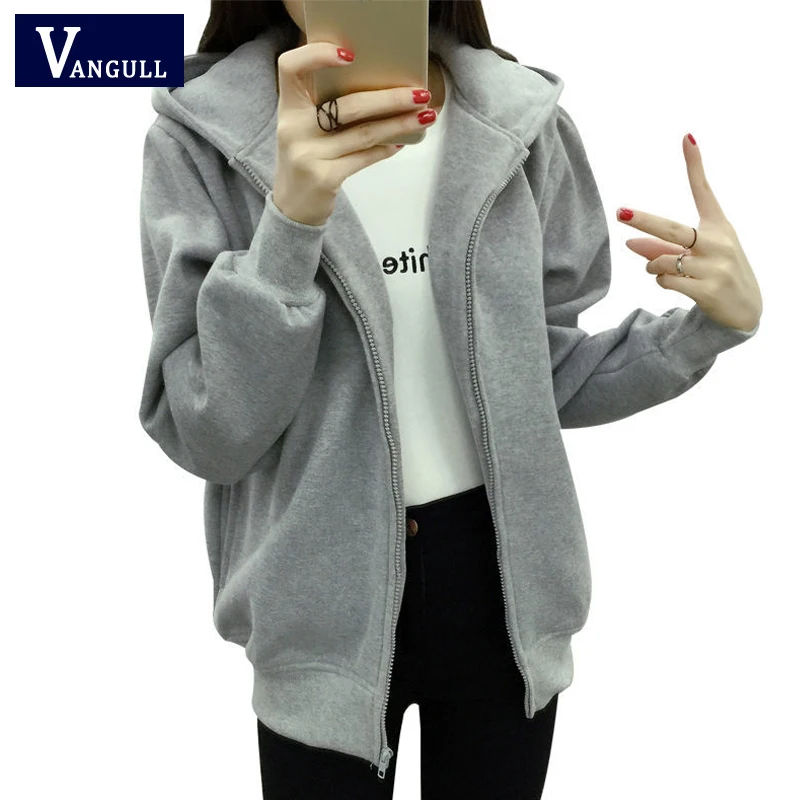 

Vangull Korean Style zip-up Women Hoodies Vintage Solid Color Long Sleeve Oversized Hooded Sweatshirt Ladies Warm Velvet Hoodies