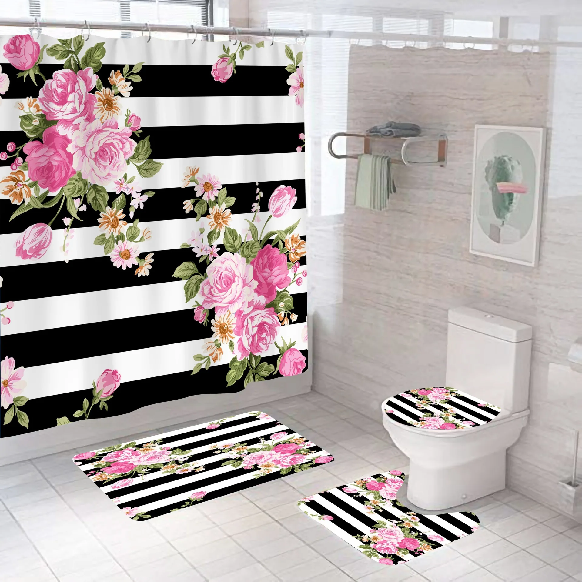 

Stripe flower digital printing home bathroom decoration waterproof shower curtain floor cushion toilet cover decorative cushion