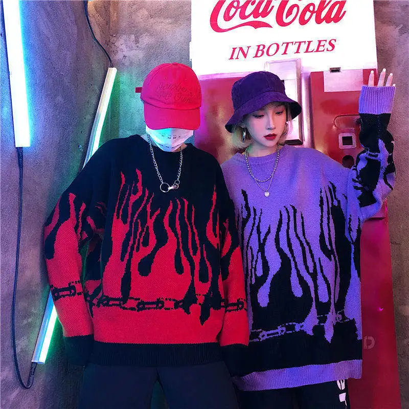 

New all-match pullover street printed Large size blue flame sweater o collar couple hip hop loose sweater