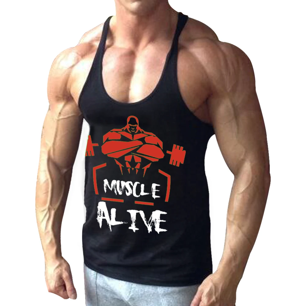 

MUSCLE ALIVE Men's bodybuilding tank top stringer workout shirts y back cotton spandex gym clothing fitness tanktops sleeveless