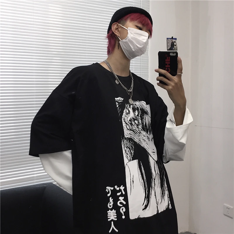 Lychee Harajuku Лоскутные Поддельные 2 шт. женские футболки темная японская девушка печать Осенняя женская футболка с длинным рукавом женская футболка