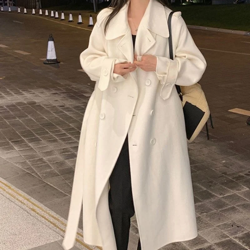 

Женское шерстяное пальто, белое свободное модное твидовое утепленное пальто средней длины в Корейском стиле, Новинка осени 2021