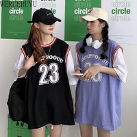 werueruyu loose mid length casual sports basketball uniforms fake two piece short sleeved t shirt student top