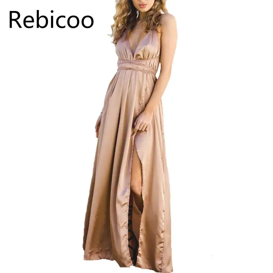 

Новое атласное сексуальное платье с открытой спиной, элегантные женские платья макси с глубоким v-образным вырезом и разрезом, модные длинные платья для рождевечерние, платья