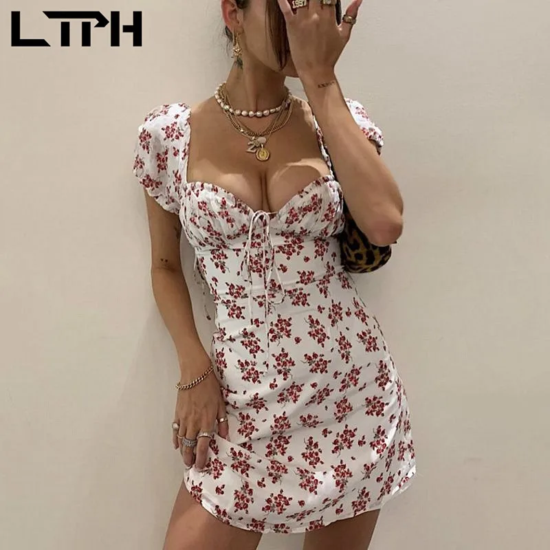 

LTPH французское винтажное платье с цветочным рисунком, женское элегантное праздничное платье с пышными рукавами и оборками, сексуальные пла...