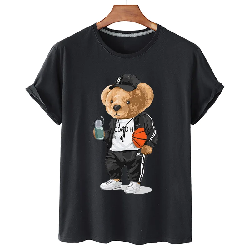 

100% Cotton Sports Basketball Bear Print Short-sleeved T-shirt Women Half-sleeved Summer Casual Oversized T-shirt Ladies Shirt