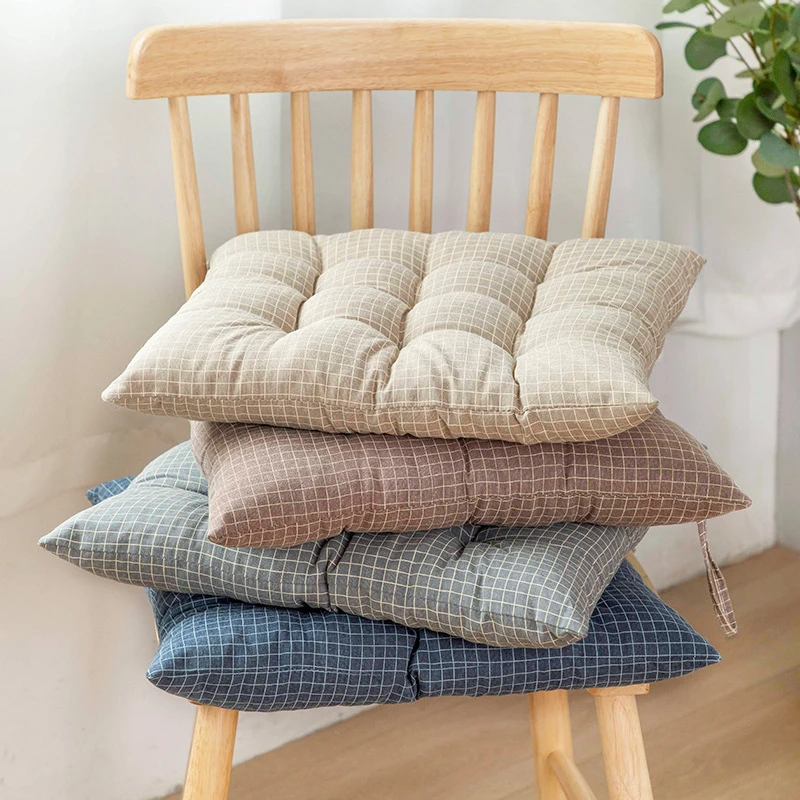 

Cotton Linen Plaid Cushion With Tie Summer Breathable Cushion For Dining Non-slip Japanese Tatami Chair Pad Office Home Decor