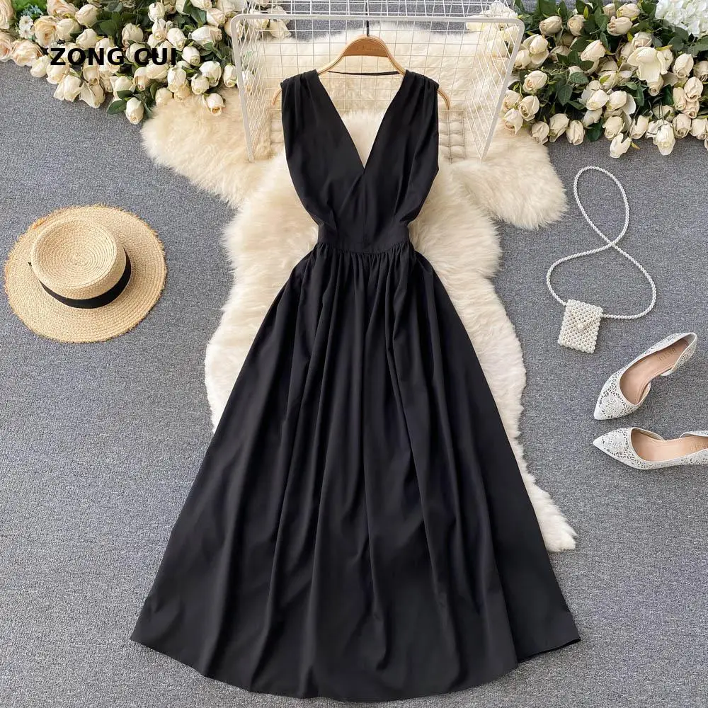 

Summer Sleeveless Tank Dress Women Sexy V-neck Backless High Waist Solid Black Big Swing Temperament Dress Runway Prom Dresses