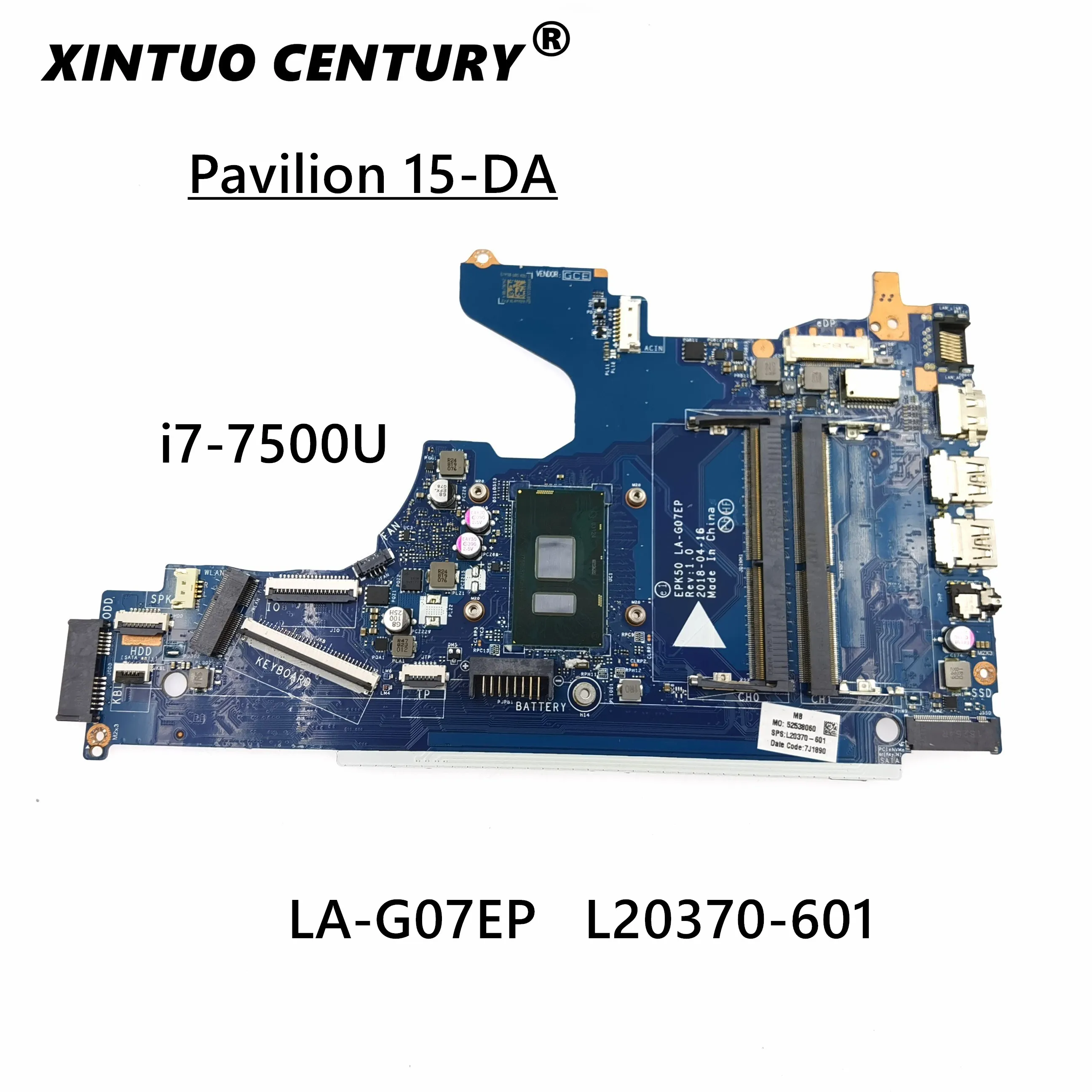 

For HP 15-DA 15-da0073wm Laptop Motherboard I7-7500U CPU L20370-001 L20370-601 EPK50 LA-G07EP DDR4