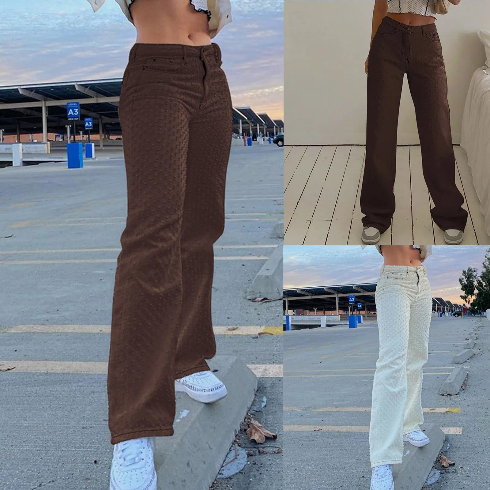 

2021 Women Wide Leg Pants Ripped Texture Straight Leg Pants Trousers Jeans Ladies Casual Loose Trousers Jeans Y2k #