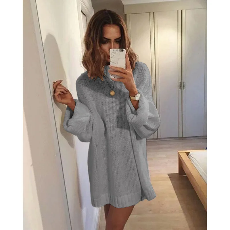 

Новинка 2020, Элегантное трикотажное однотонное платье-свитер, женский джемпер, осенне-зимний пуловер с длинным рукавом, женское трикотажное ...
