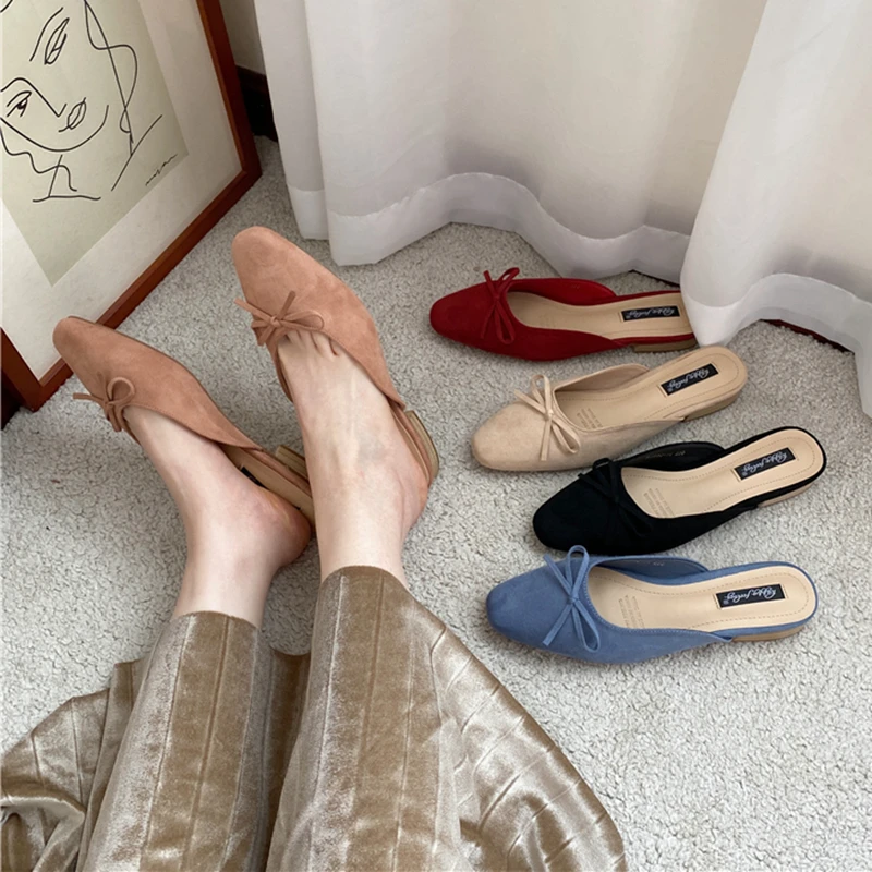 

2022 Spring Women Slipper Fashion Bow-knot Flat Heel Slip On Mules Shoes Shallow Ladies Casual Outdoor Sandal Shoes Round Toe Sl