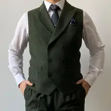 2021 Bristish Green Groom Vests Double Breasted Brown Wool Herringbone Tweed Groomsmen Vest Mens Suit Prom Wedding Waistcoat (3)