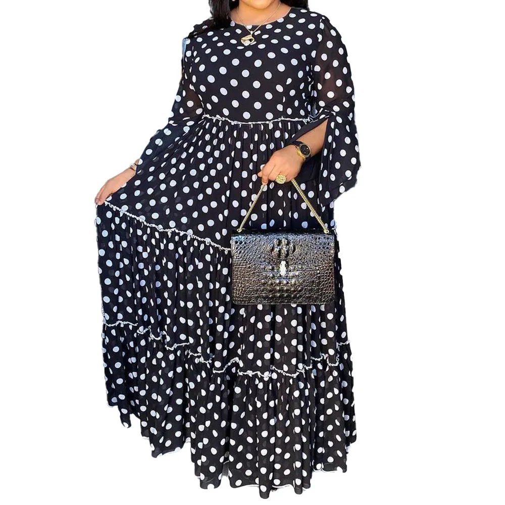 

Europe America 2021 New Dots Printing Chiffon Two-piece Suit African Women's Robe Dress Round Neck Fashion Casual Long Sleeve