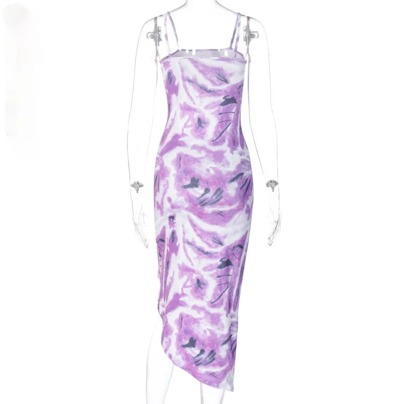 

Sexy Printed Tight-fitting Irregular Backless Bandage Mid-length Dress Slim-fit Split Suspender Dress Sleeveless Party Lady
