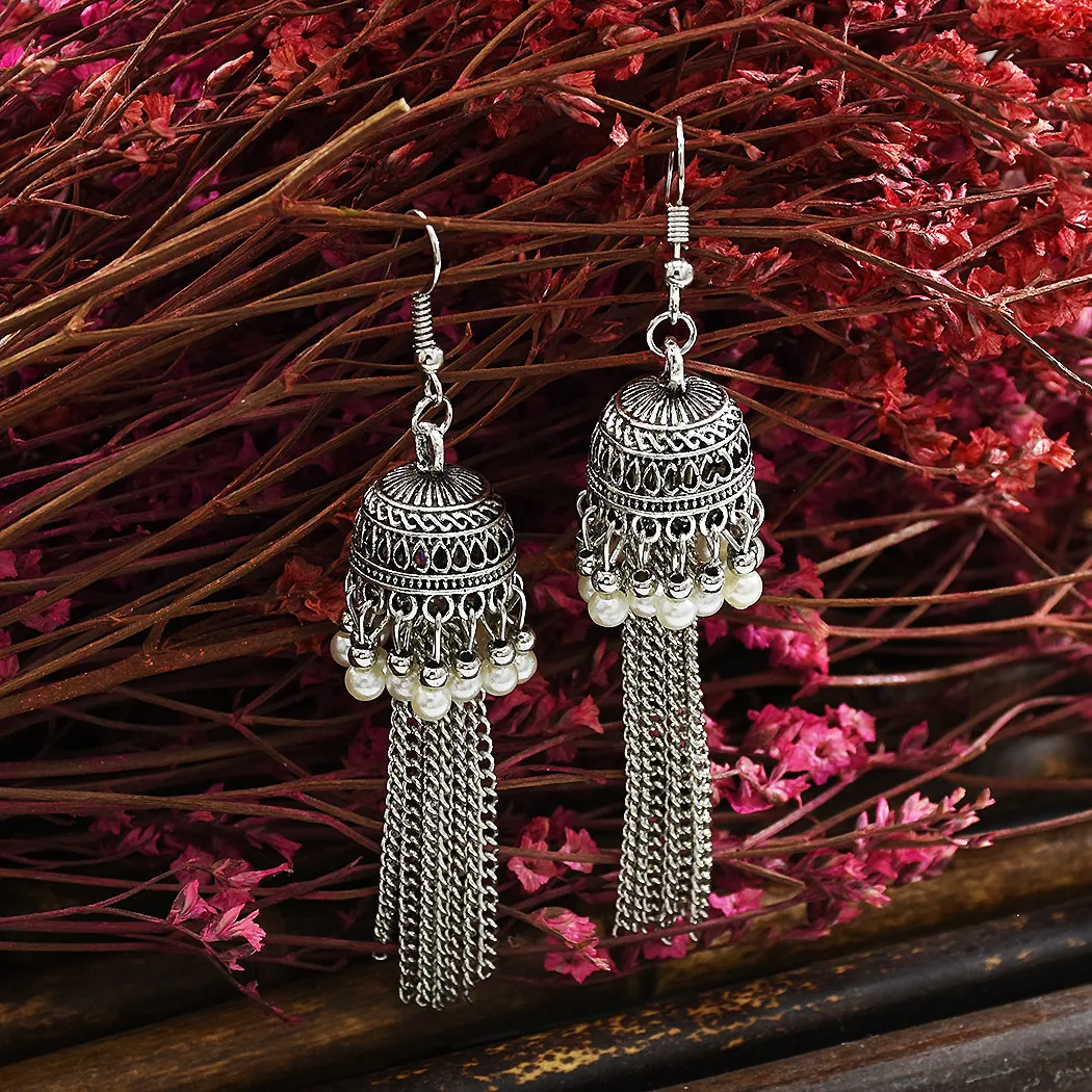 

Afghan Ethnic Vintage Indian Jhumka Dangle Drop Earrings For Women Hollow Bell Pearl Long Chain Tassel Gypsy Turkish Jewelry