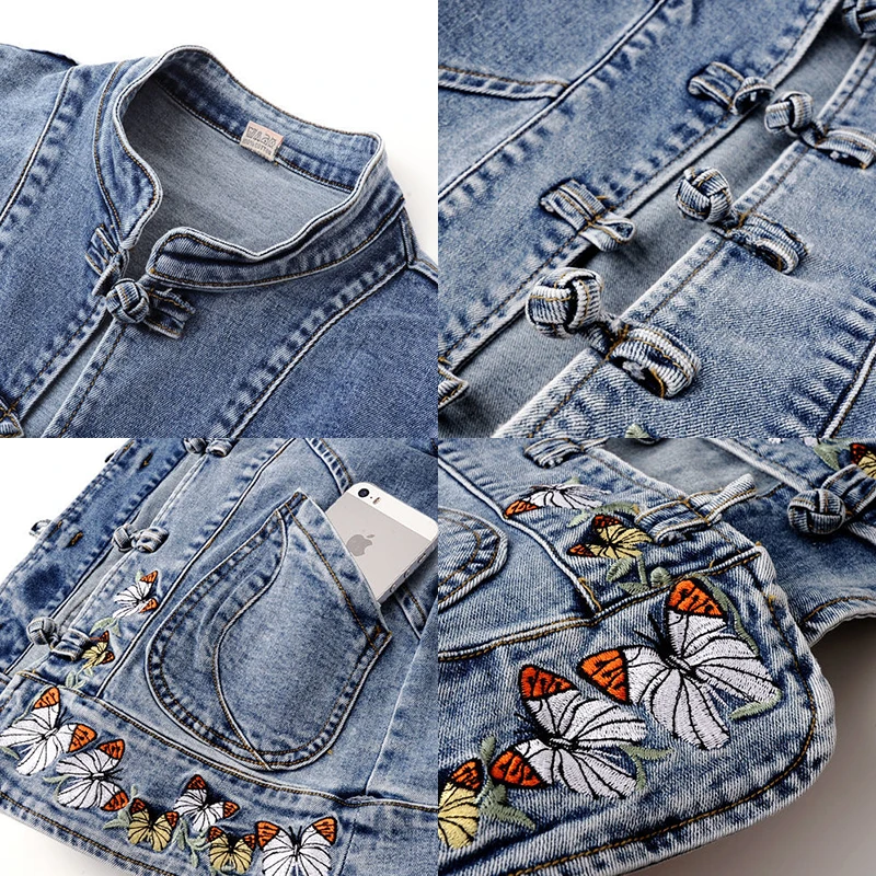 

Vintage Butterfly Embroidered Denim Jacket Women Big Size Chinese Style Button Stand Collar Jean Jacket Casual Loose Spring Coat