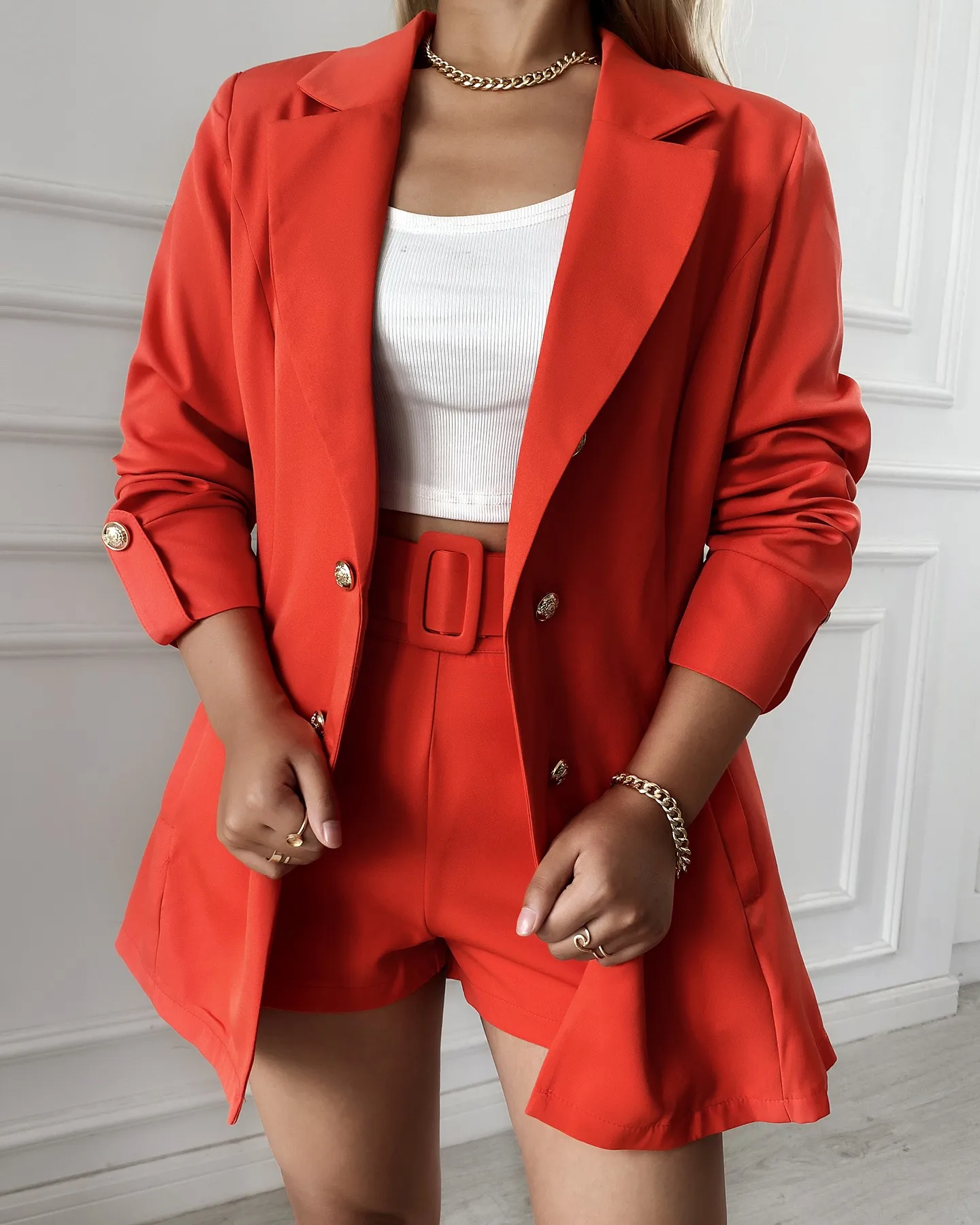 

2 Piece Shorts Set Women Notched Double Breasted Blazer Coat & Shorts Set