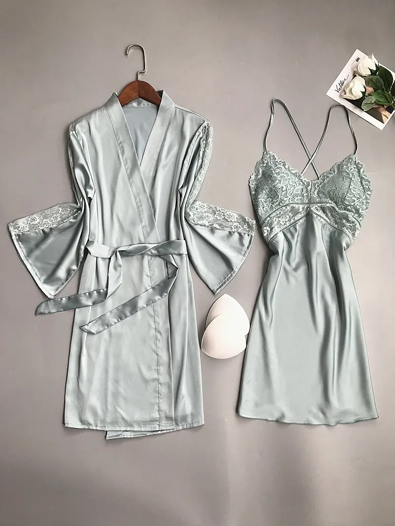 

2PCS Sleepwear Sexy Perspective Temptation Sexy Pajamas Women Spring Summer Kimono Bathrobe Gown Silky Satin Home Dressing Gown