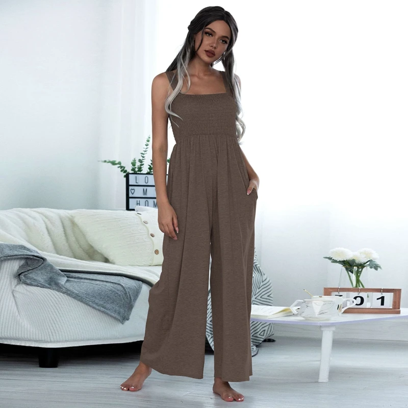 

Women Casual Loose Summer Solid Color Smocking Strap Wide-Leg Jumpsuits for Womens