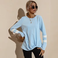 autumn winter womens tops casual o neck long sleeve ladies t shirt solid color womens pullover striped patchwork design