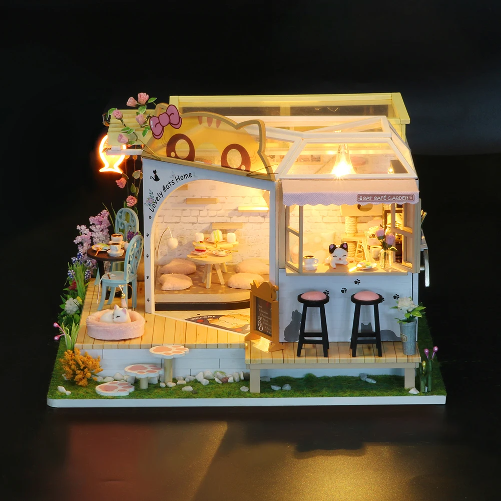 diy wooden dollhouse kits miniature with furniture cute cats coffee home casa dollhouse assembled toys for girls xmas gifts mini free global shipping