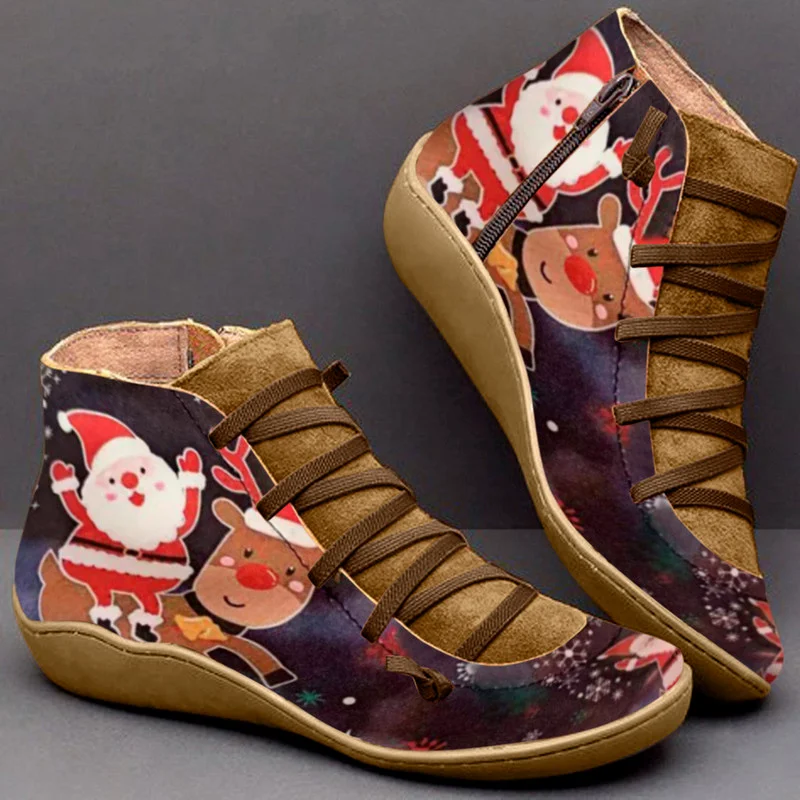 

2021 Ankle Boots Cow-suede-leather Boots Natural-fur Warm Winter Boots Slip-on Snow Boots for Women Cartoon Santa Claus Boots