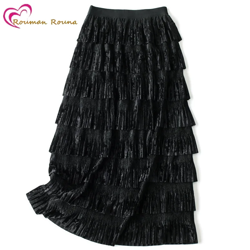 

Golden velvet skirt spring 2021 new solid color dress elastic waist thousand layer cake skirt