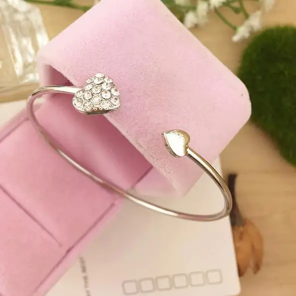 

2020 quente nova moda ajustvel cristal duplo corao arco bilezik manguito abertura pulseira para mulheres jias presente mujer