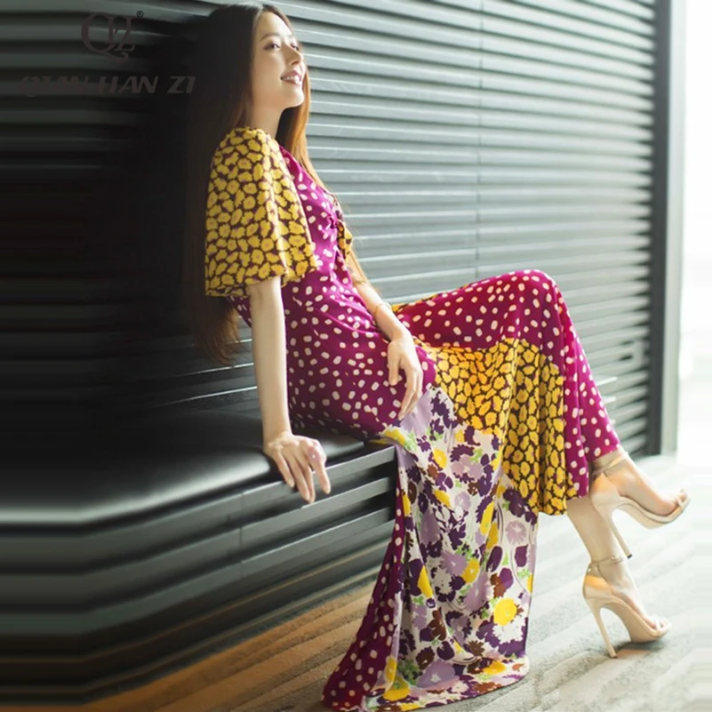 Qian Han Zi 2021 new designer runway long summer dress Lotus sleeve Splicing pattern print Slim fashion women maxi dresses