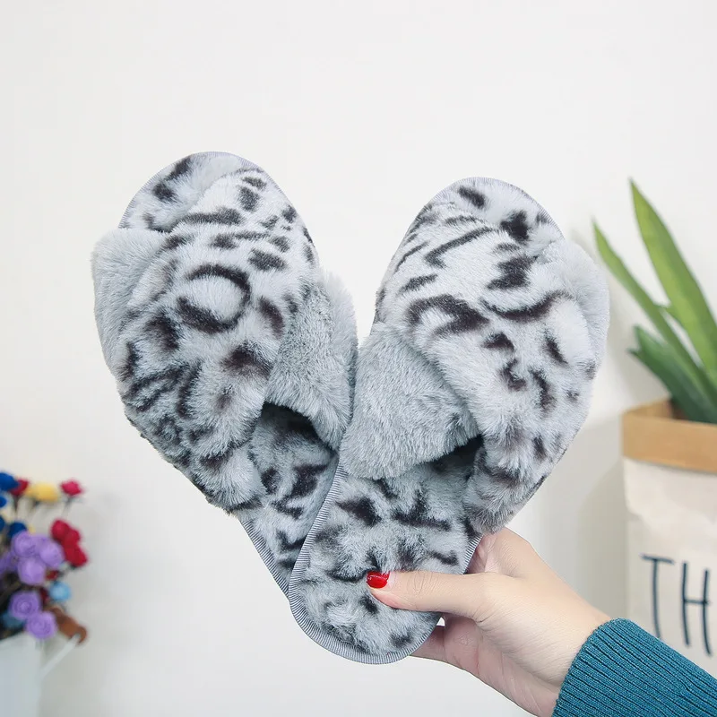 2021 Leopard Print Cross Design Plush Slippers Women Warm Fluffy Cozy Faux Fur New Flat Bottom Home Flip-flops | Обувь