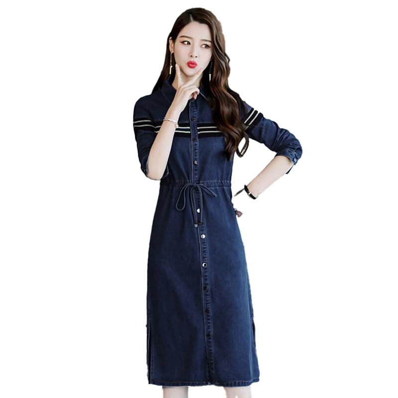 

Denim Shirt Dress Women Spring Casual Turn-down Collar Long Sleeve Patchwork Jeans Dress Lady Retro Single-breasted Midi Dresses