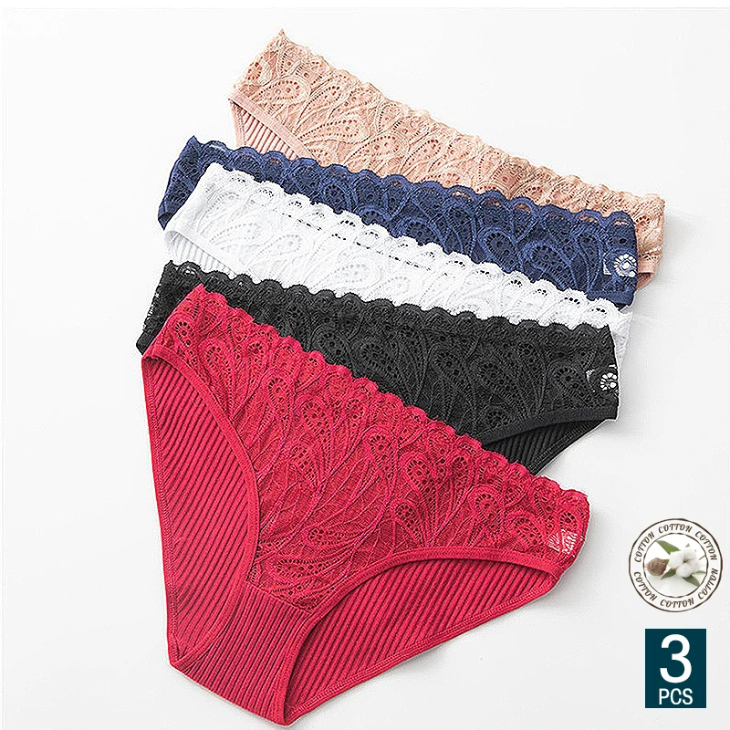 

3Pcs / Set Women Cotton Panties Soft Intimates Lingerie Sexy Lace Underwear Fashion Elastic Stretch Solid Color Biker Shorts