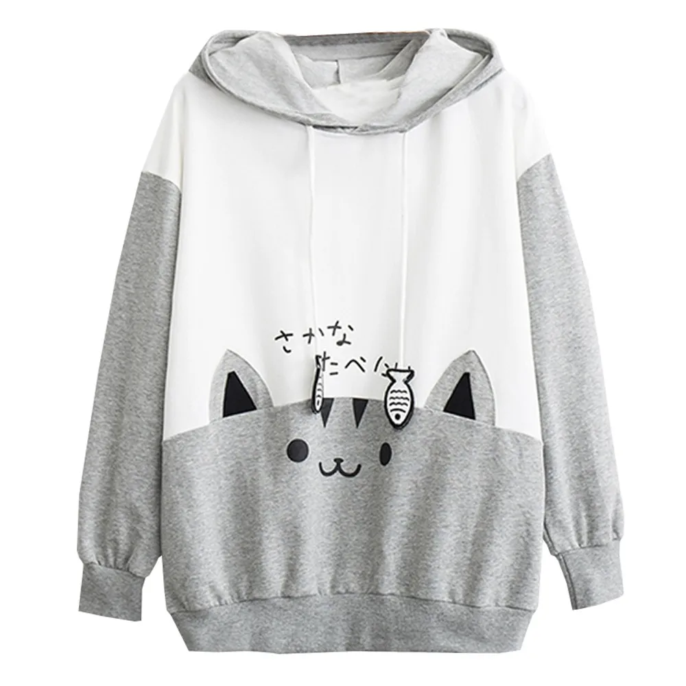 

Womens Casual Long Sleeve Hoodies Kitty Cat Print Pocket Thin Hoodie Sweatshirts Blouse Top Shirt Harajuku Coat Dropshipping