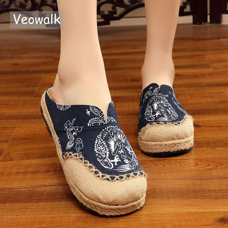 Veowalk тайские вышитые женские черные льняные хлопковые шлепанцы плоские сланцы