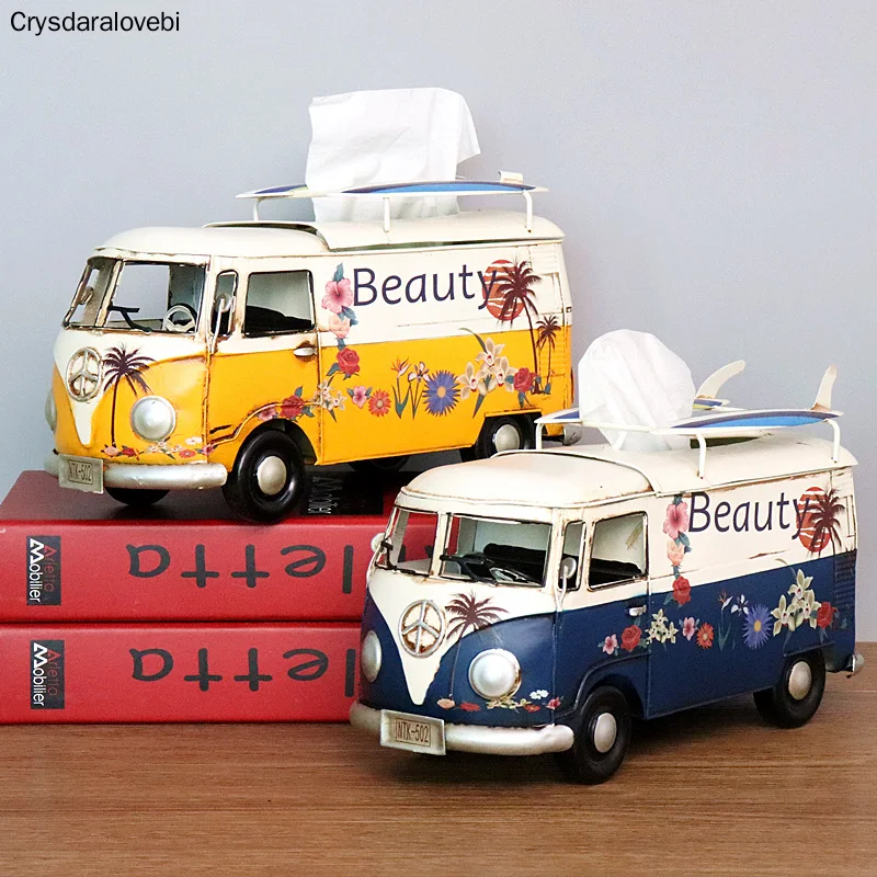 

Multicolor Flower Bus Model Figurines Retro Car Tissue Box Home Decoration Ornaments Crafts Vintage Ornaments Living Room Decor