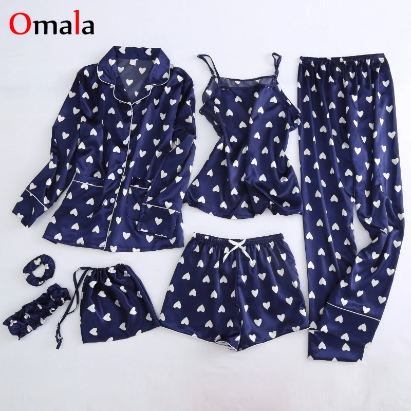 

spring Women Pajamas Print Shorts Long Sleeve Top Summer Autumn 7 Pcs Set Silk Elegant Elastic Waist Pants Full Lounge Sleepwear