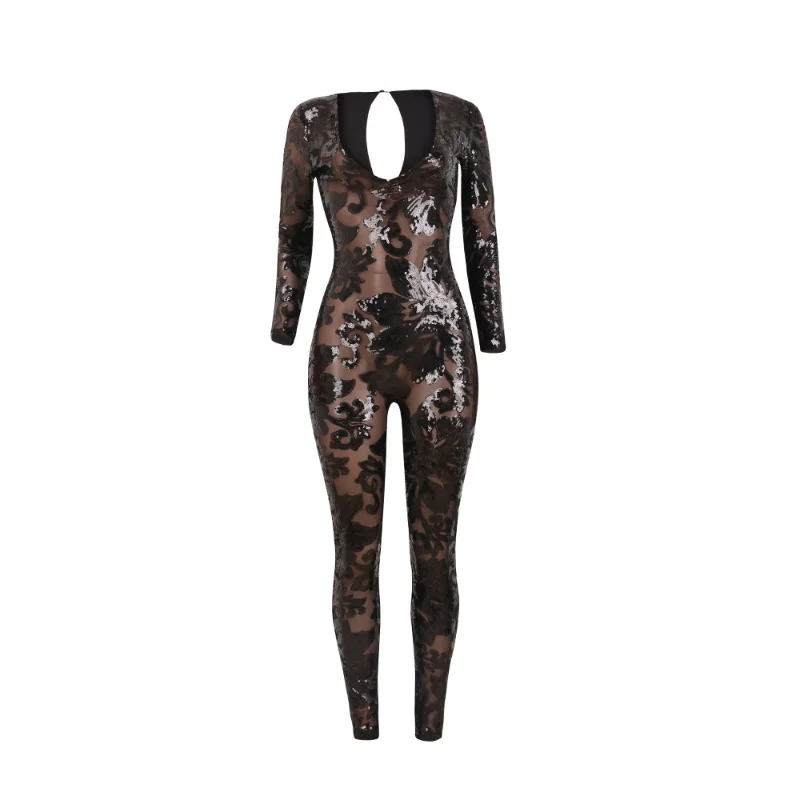 

Sexy Black Plus Size One Piece Jumpsuit Romper Women Slim Mesh Deep V Hollow Out Sequin Perspective Women Jumpsuits Bodysuits
