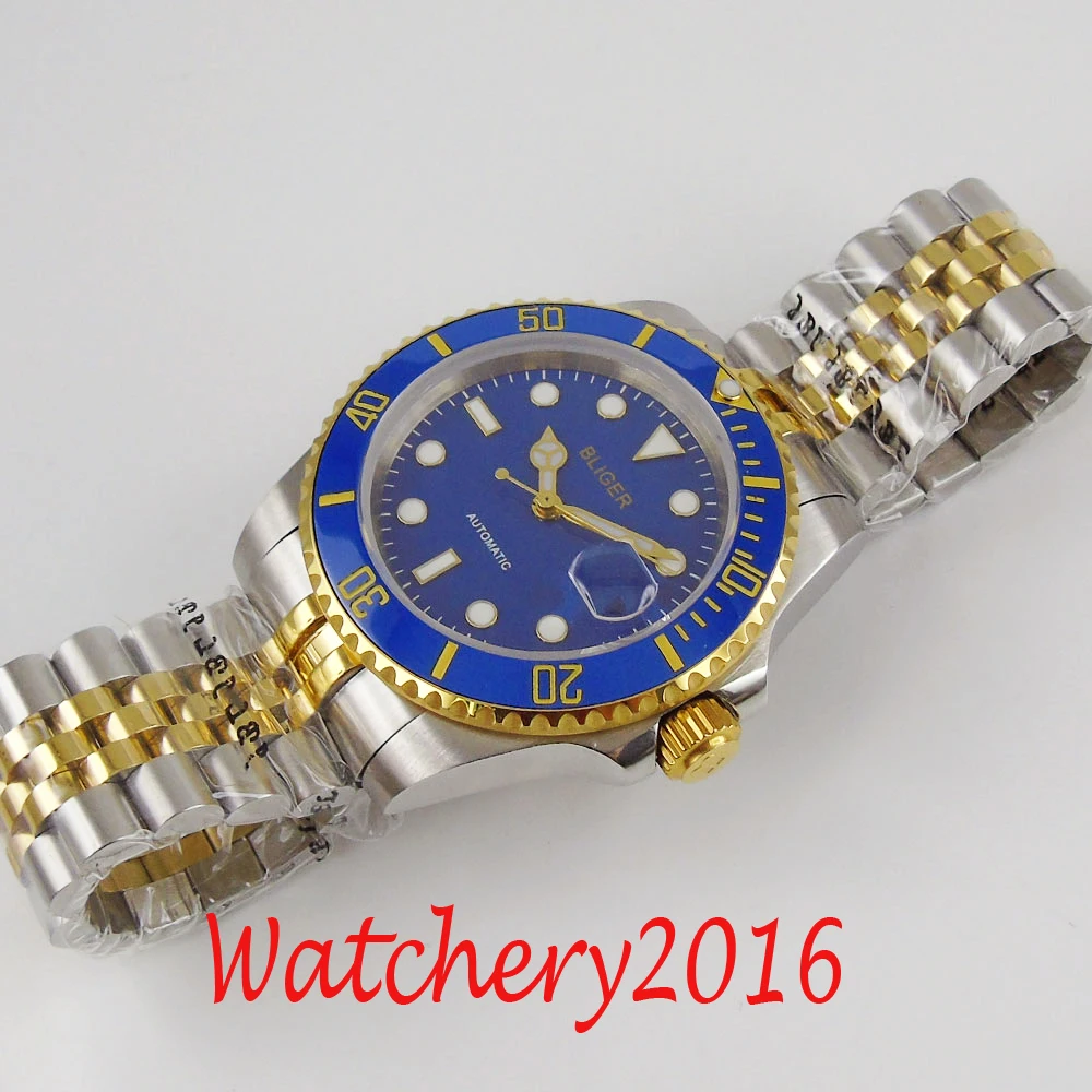 40mm Bliger blue dial Blue Ceramic Auto Date Sapphire crystal date miyota Automatic movement Mechanical Wristwatches Men's Watch |