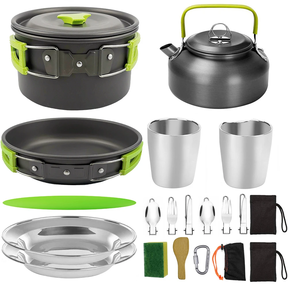 

1 Set Outdoor Pots Pans Camping Barbecue Cookware Picnic Portable Lightweight Gear for Traveling Trekking Green set 20PCS