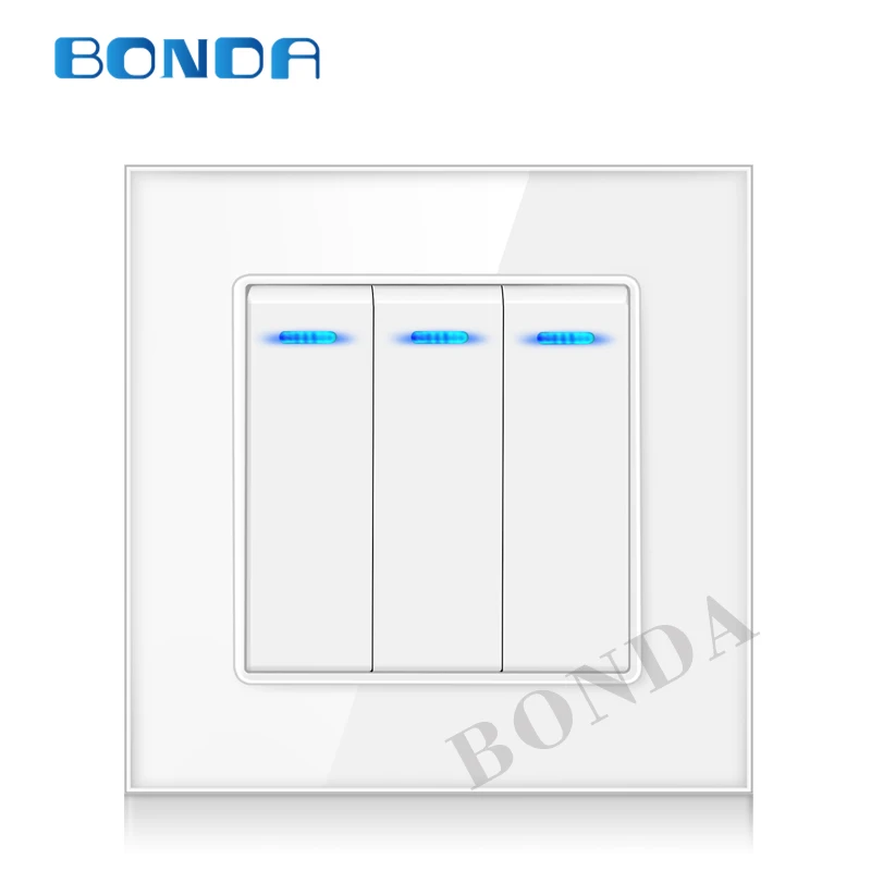 

BONDA Eu standard wall switch, power switch, white crystal, tempered glass panel, light key switch, Ac220v, 1Gang 2 Way