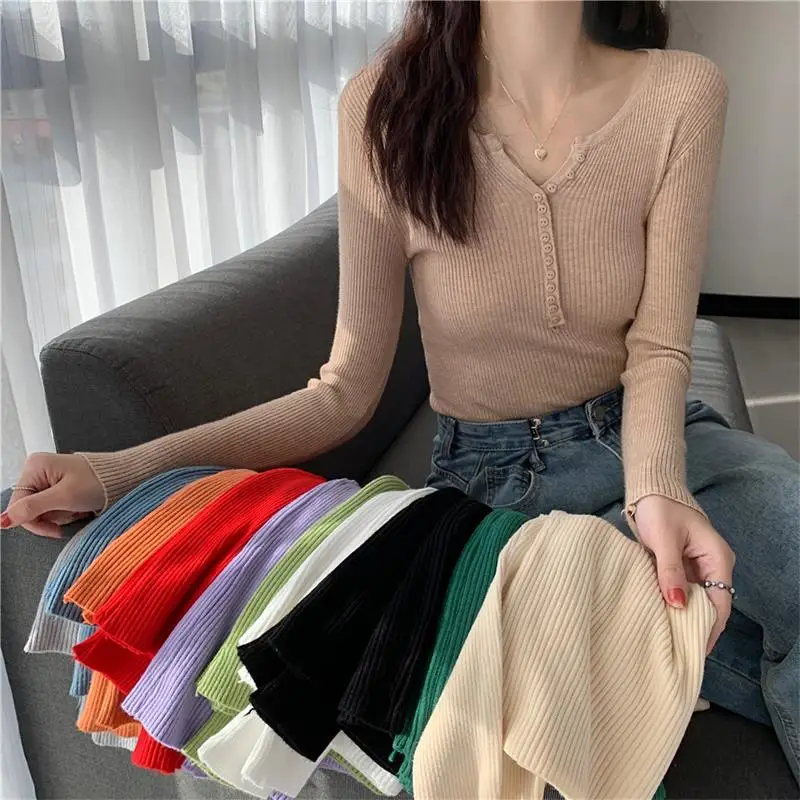 

2021 Autumn Winter Button V Neck Sweater Women Basic Slim Pullover Women Sweaters And Knit Jumper Ladie Tops