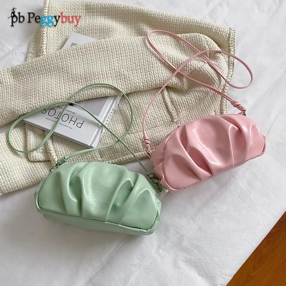 

Fashion Women Solid Color Messenger Bags Soft Cloud Design PU Leather Shoulder Bags Small Pleated Crossbody Bags